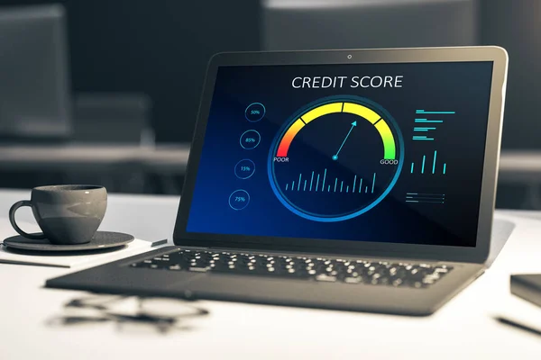 Close Creative Office Desk Top Credit Score Page Laptop Screen — Stock Photo, Image