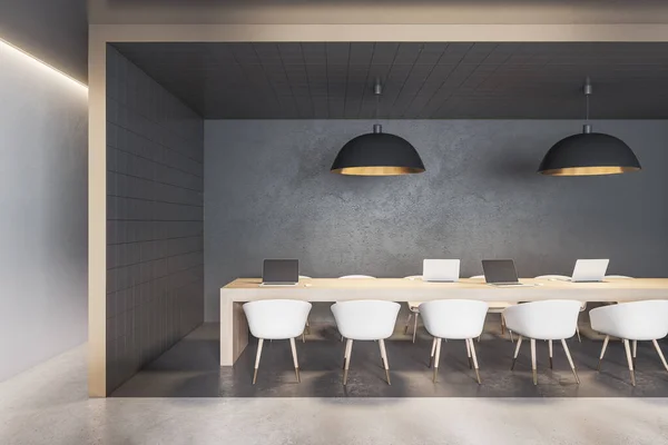 Interno Minimalista Coworking Office Con Divisorio Piastrelle Nere Attrezzature Mobili — Foto Stock