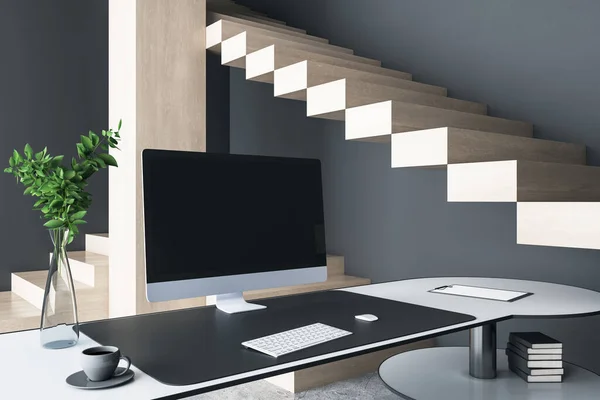 Aproape Desktop Designer Creativ Afișaj Gol Calculator Obiecte Decorative Interior — Fotografie, imagine de stoc