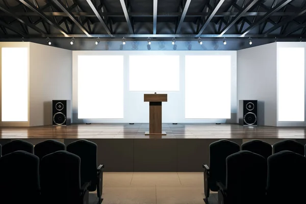 Intérieur Moderne Auditorium Avec Affiches Vides Parquet Bois Avec Reflets — Photo