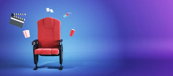 Creatieve Rode Bioscoop Fauteuil Met Popcorn Drankjes Andere Items Verspreid — Stockfoto