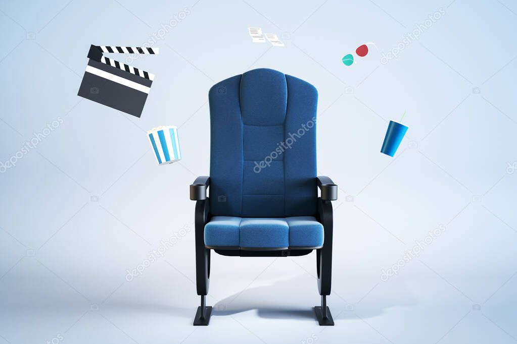 Creative movie theater armchair with pop corn, drinks and other items scattered around on blue background. Movies and cinema concept. 3D Rendering