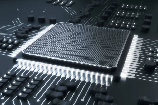 Fondo Chip Gris Abstracto Concepto Circuito Tecnología Hardware Renderizado — Foto de Stock