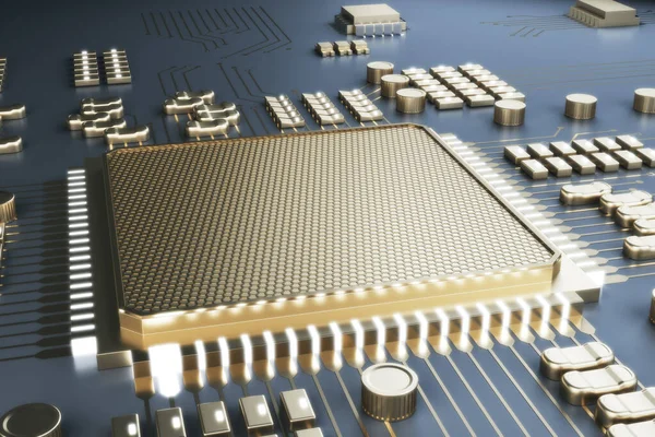 Creative golden chip wallpaper. Circuit, technology and hardware concept. 3D Rendering