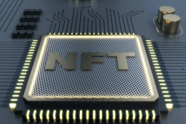 Chip Nft Brilhante Escuro Fundo Cinza Conceito Token Hardware Não — Fotografia de Stock