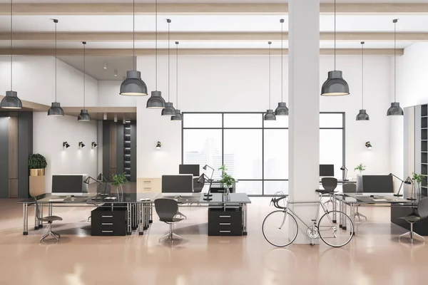 具有城市视野和日光的现代混凝土办公室内 3D渲染 — 图库照片