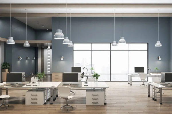 Luxe Coworking Betonnen Kantoorinterieur Met Uitzicht Stad Houten Vloeren Daglicht — Stockfoto