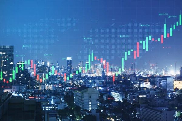 Kreatywny Świecący Wykres Forex Tle Nocnego Miasta Koncepcja Handlu Finansów — Zdjęcie stockowe