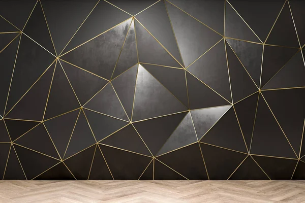Moderní Interiér Černou Polygonální Stěnou Dřevěnou Podlahou Koncept Designu Vykreslování — Stock fotografie