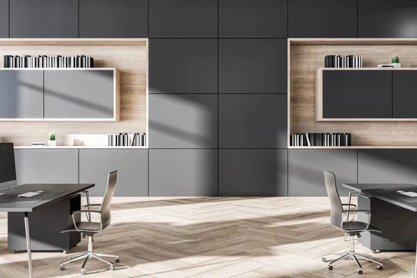 Saubere Graue Coworking Büroeinrichtung Mit Holzböden Tageslicht Und Möbeln Business — Stockfoto