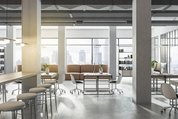 Luxuriöses Coworking Bürointerieur Mit Hellem Stadtblick Und Betonboden Design Und — Stockfoto