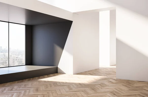 Moderní Světlý Dřevěný Bílý Betonový Prázdný Interiér Výhledem Město Vykreslování — Stock fotografie