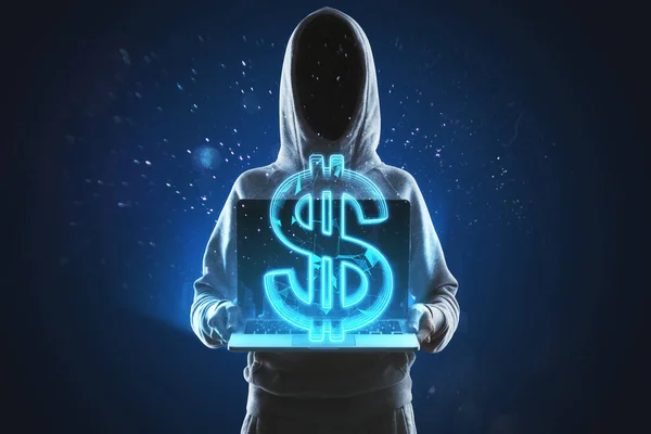 Haker Trzyma Laptopa Kreatywnym Świecącym Hologramem Wielobocznym Niebieskim Tle Kryptowaluta — Zdjęcie stockowe
