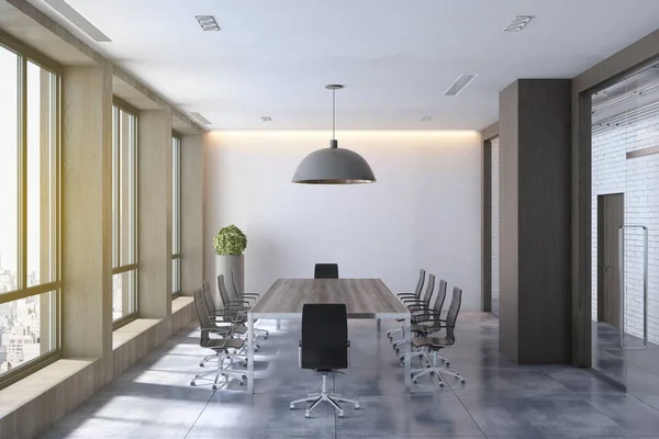 Moderna Sala Reunião Concreto Madeira Interior Com Vista Para Cidade — Fotografia de Stock