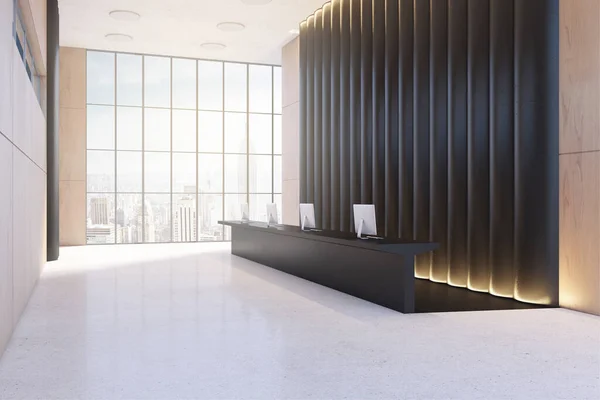 현대의 사무실 로비와 리셉션 데스크 그리고 도시가 보이는 렌더링 — 스톡 사진