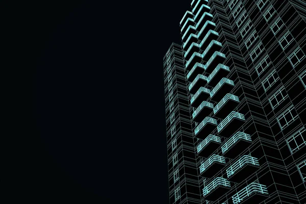 モックアップ場所と黒の背景に抽象的な線形建築プロジェクト 青写真の概念 3Dレンダリング — ストック写真