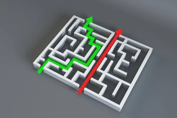 Labirinto Astratto Con Frecce Sfondo Grigio Modo Semplice Soluzione Concetto — Foto Stock