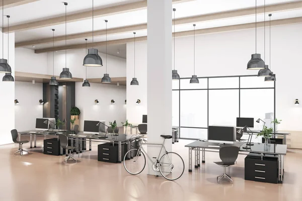 Novo Interior Coworking Escritório Concreto Com Vista Para Cidade Luz — Fotografia de Stock