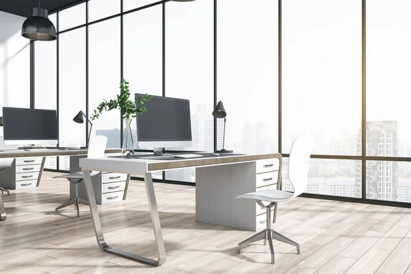 Minimalistisches Coworking Bürointerieur Mit Fenster Und Hellem Blick Auf Die — Stockfoto