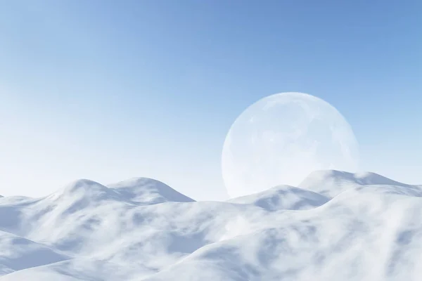 Prachtige Achtergrond Met Witte Heuvels Maan Aan Blauwe Hemel Achtergrond — Stockfoto