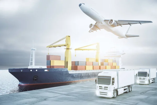 Modern Airplane Ship Trucks Cargo Daylight Delivery Storage Logistics Concept — Stock Photo, Image