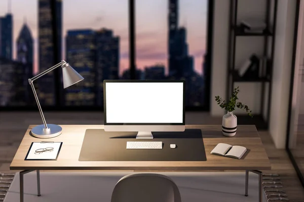 Modern Gece Stüdyosunun Yaratıcı Mekânındaki Boş Beyaz Bilgisayar Monitörünü Kapat — Stok fotoğraf