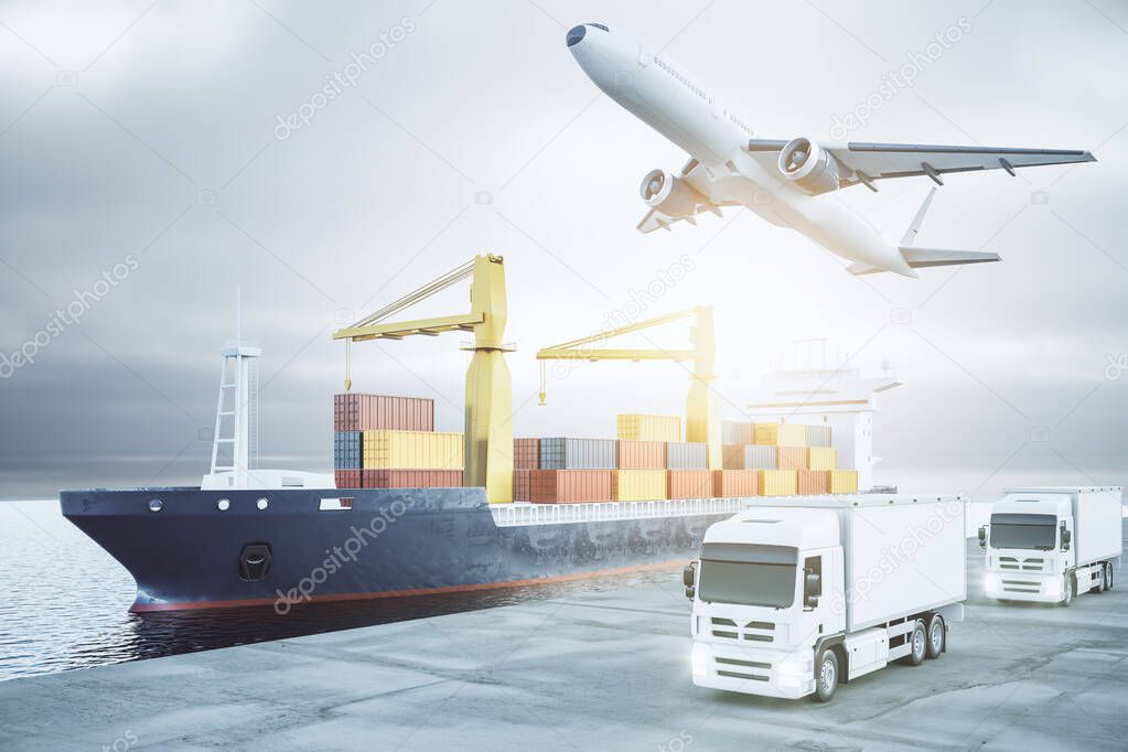 Modern airplane, ship and trucks with cargo in daylight. Delivery, storage and logistics concept. 3D Rendering
