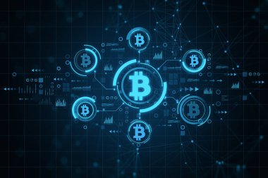 Koyu arkaplanda parlayan mavi bitcoin arayüzü. Finans, teknoloji, kripto para birimi ve değişim konsepti. 3B Hazırlama