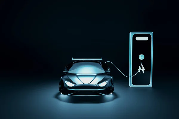 Cool Modré Elektromobil Nabíjení Tmavém Pozadí Alternativní Koncepce Koncepce Elektřiny — Stock fotografie