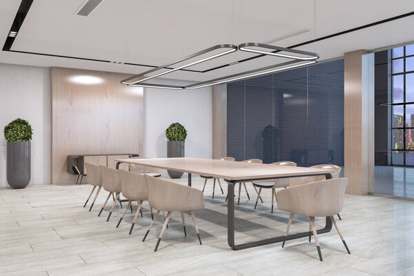 Modern concrete and wooden meeting room interior with table, decorative plant and other objects. Workspace concept. 3D Rendering