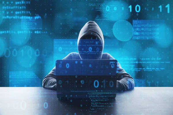 Hacker Desktop Met Behulp Van Laptop Met Abstracte Gloeiende Blauwe — Stockfoto