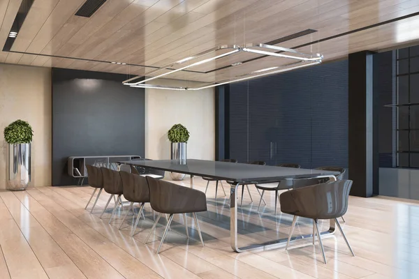 现代混凝土和木制会议室内部与桌子 装饰植物和其他物体 工作空间概念 3D渲染 — 图库照片