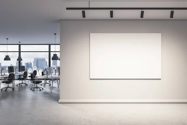 Pared Blanco Con Bandera Simulada Interior Oficina Moderna Con Vista — Foto de Stock