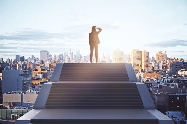 Back View Young Caucasian Businesswoman Standing Top Stairs Bright City — Stock Photo, Image