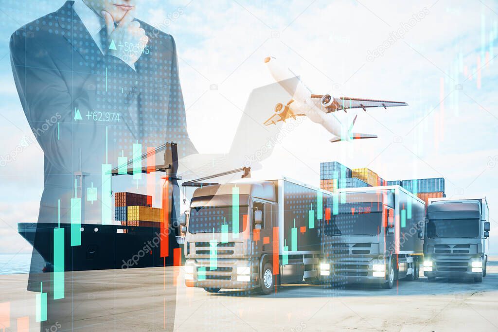 Businessman with laptop standing on abstract double exposure background with forex chart, cargo airplane, truck and ship. Business, shipping, trade and logistics concept