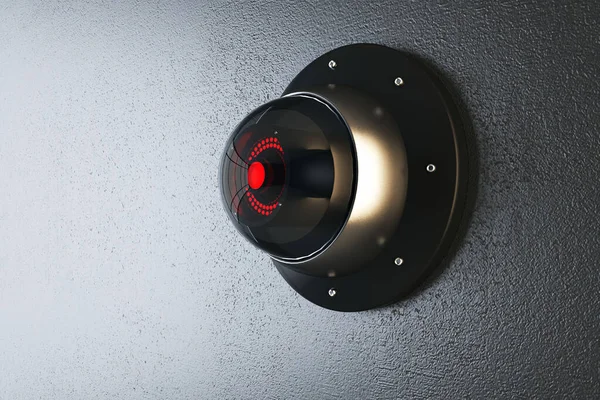 Close up of abstract round black cctv camera on concrete wall background. Safety system and security concept. 3D Rendering