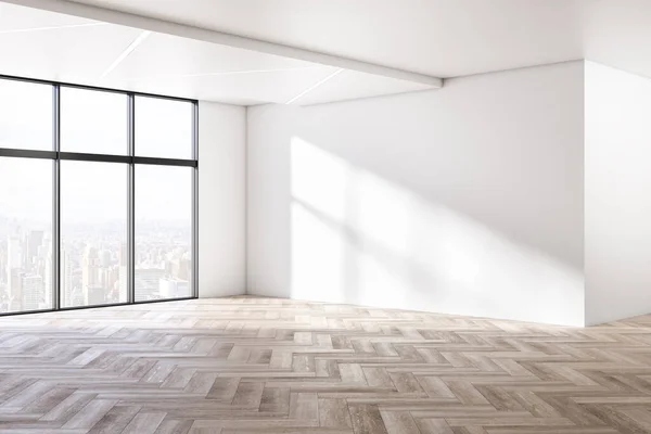 Modern Interieur Met Blanco Betonnen Muren Houten Vloeren Raam Met — Stockfoto