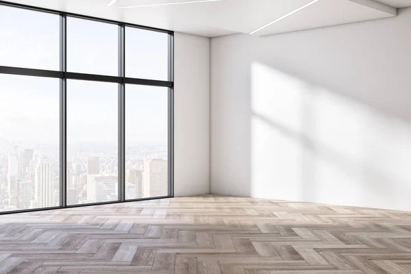 Interior Vacío Con Paredes Hormigón Blanco Suelos Madera Ventana Con — Foto de Stock