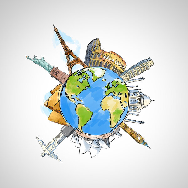 Travel background with earth and landmarks