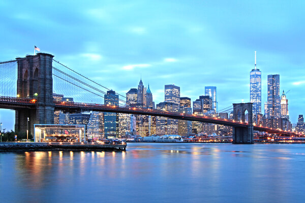 Brooklyn Bridge in New York Manhattan evening aerial view