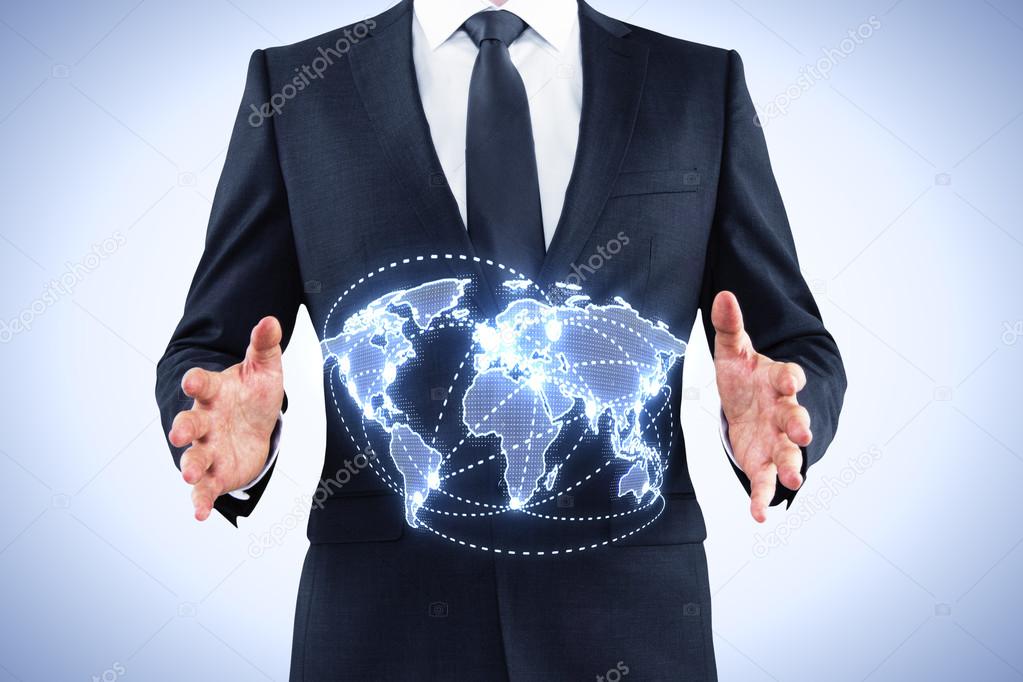 Businessman holding world map interface