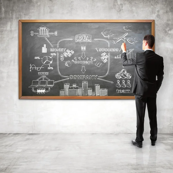 Businessman drawing scheme  on chalk board — Stockfoto