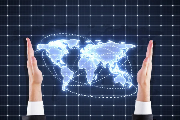Manos sosteniendo mapa digital del mundo — Foto de Stock