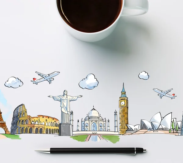 Travel landmarks with cup of coffee — Stock Photo, Image