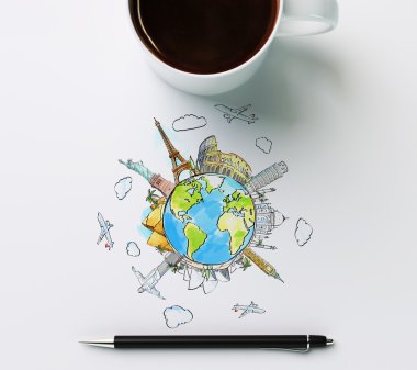 Travel sketch with cup of coffee and pen clipart