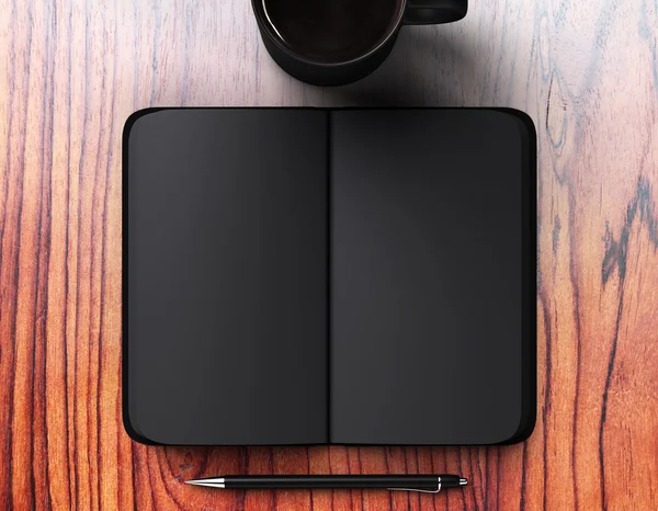 Blank diary, cup of coffee and pen — Stock Photo, Image