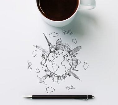 Landmarks with cup of coffee and pen clipart
