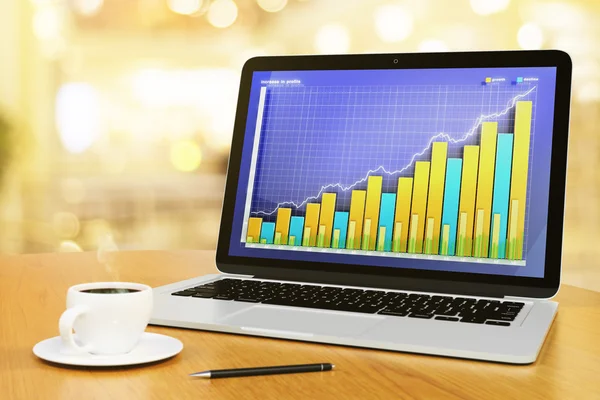Grafico aziendale su uno schermo con tazza di caffè e penna — Foto Stock