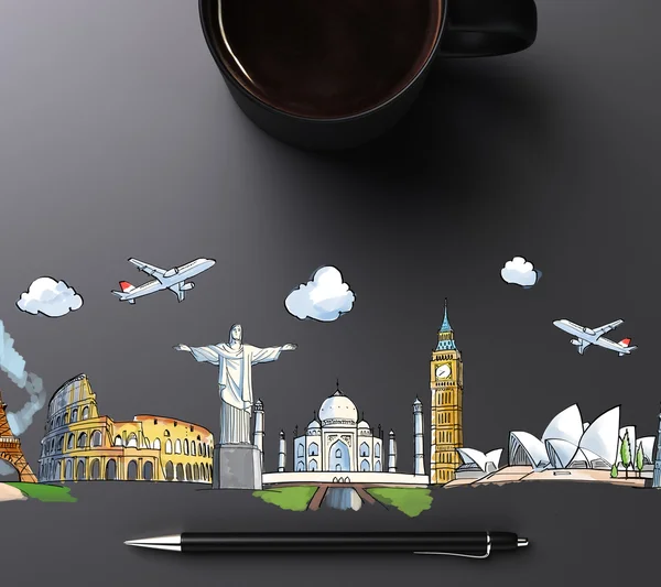 Ilustração de marcos com xícara de café e caneta — Fotografia de Stock