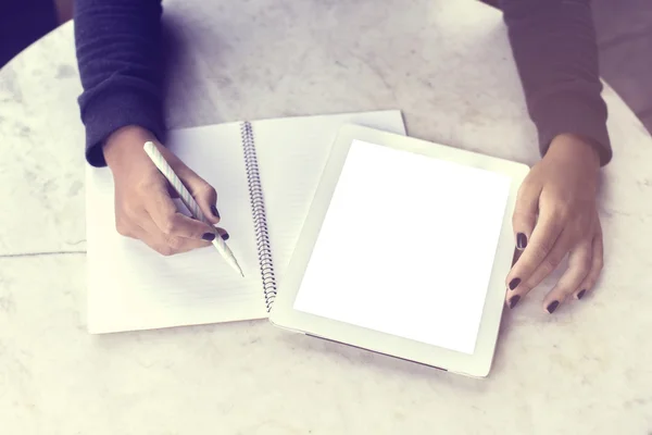 School girl with blank tablet and diary, mock up — Stock Photo, Image